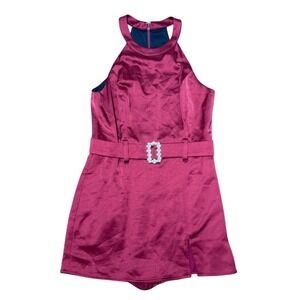 Lavender Brown Romper Halter Neck Belted Rhinestone Buckle Burgundy Small NWT